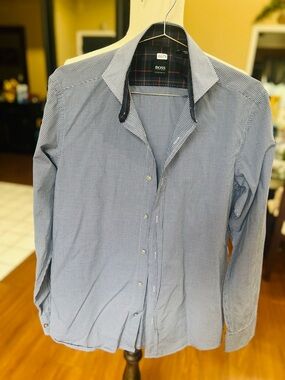 BOSS Men's Navy and White Micro-Check Dress Shirt